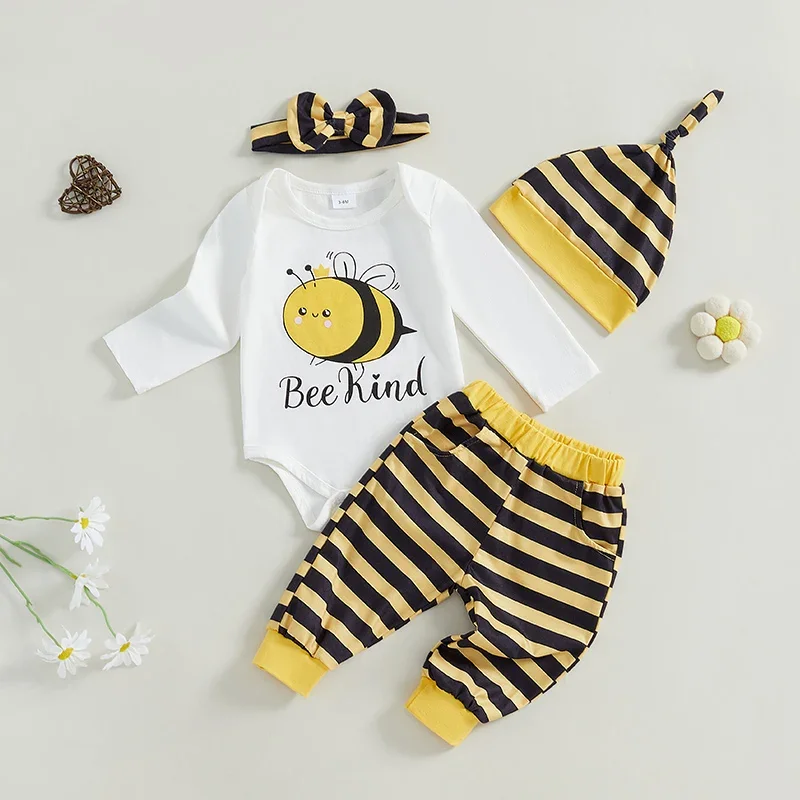 Ropa de otoño para bebé de 0 a 18 meses, peleles de manga larga con estampado de abeja/mariquita y pantalones elásticos, diadema con lazo, sombrero, conjunto de 4 piezas - imagen 4