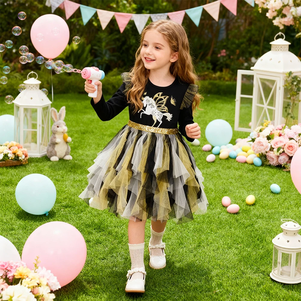 Dxton Vestido Princesa Algodón Malla Irregular para Niñas Fiesta Otoño - imagen 3