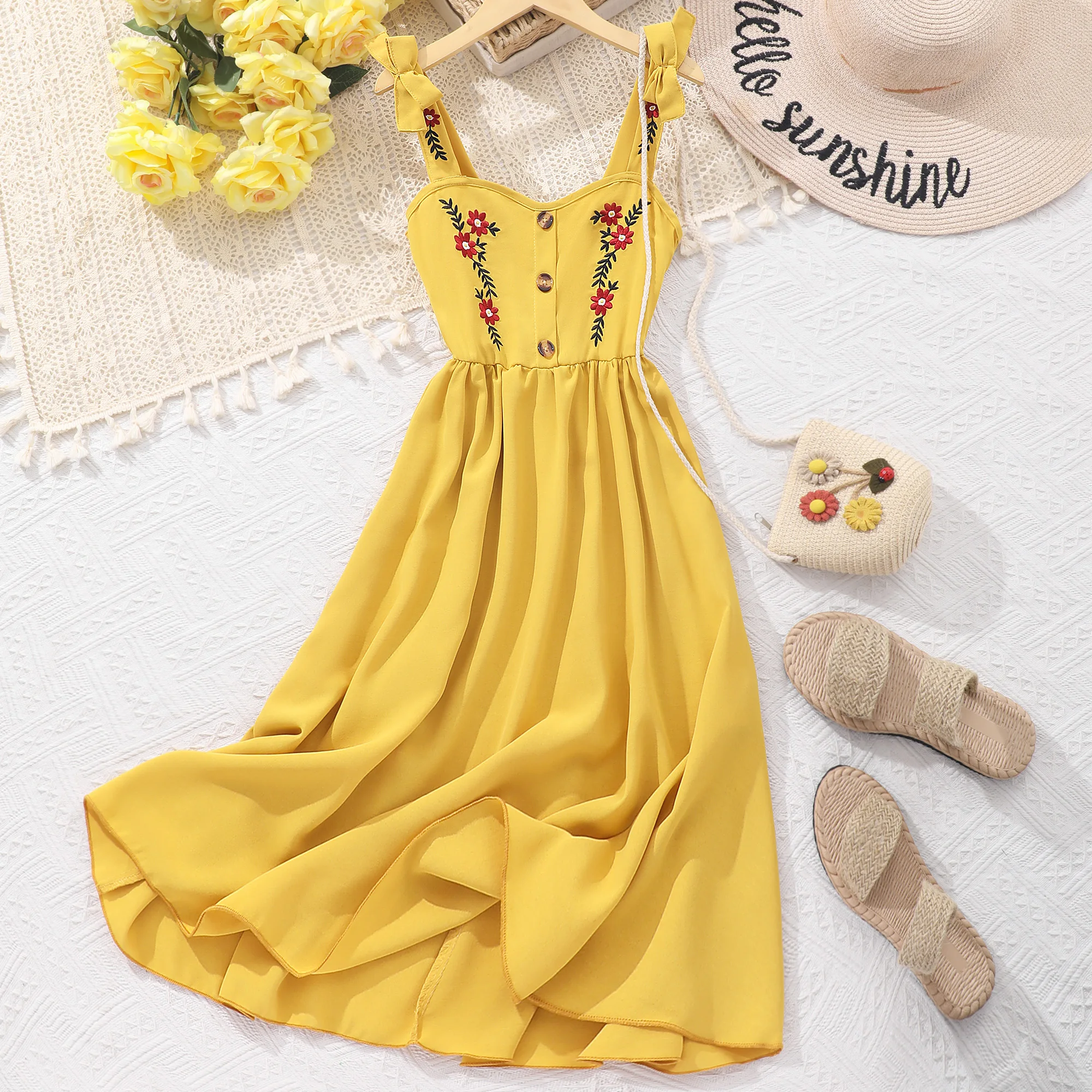 Vestido amarillo para niñas, camisola artística Retro, vestidos para niños, botón, algodón, fiesta de cumpleaños, vestido para adolescentes, 8, 9, 10, 11, 12 años