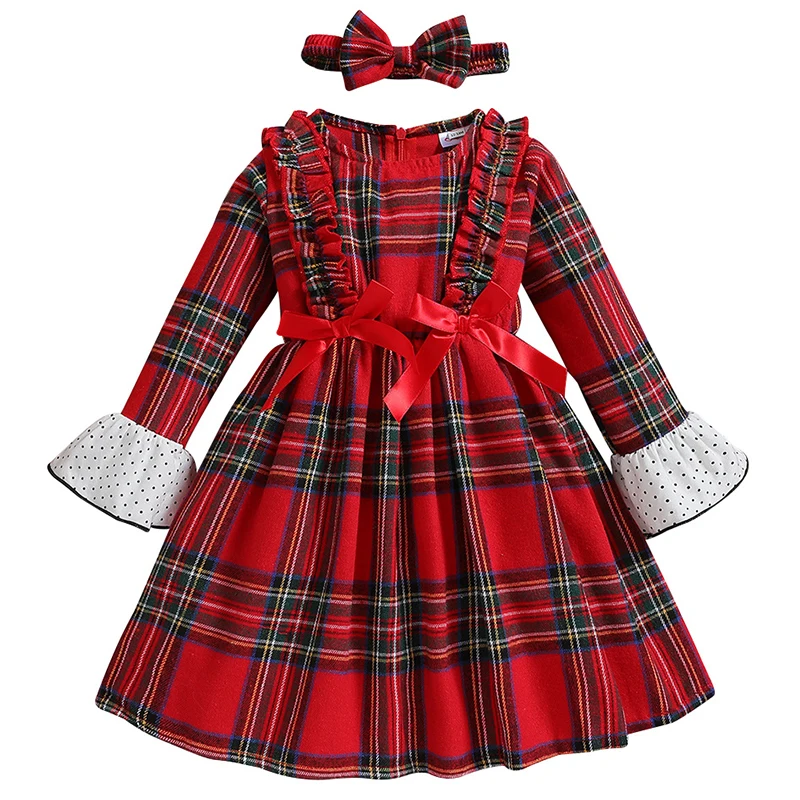 Ropa de lujo de invierno para niñas, vestido de princesa a cuadros + diadema, vestidos de fiesta, traje de Navidad para niños pequeños, ropa de bebé, BC825, 2 piezas