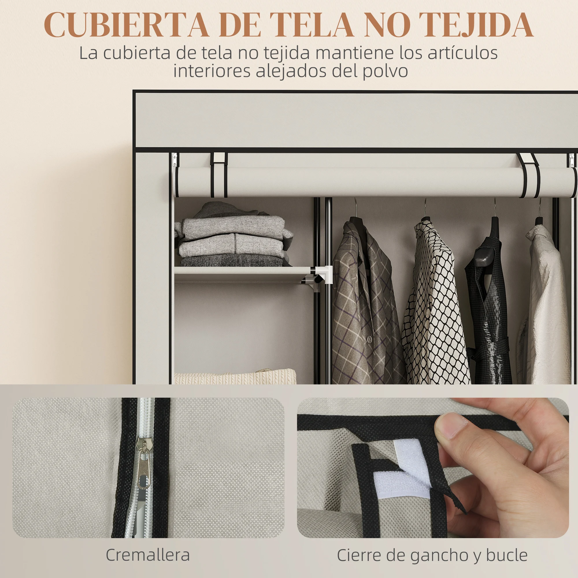 HOMCOM Armario de Tela con Ruedas, Armario Portátil, con Barra para Colgar, 6 Estantes, Marco de Acero, para Dormitorio, Vestidor, 103x43x162,5 cm, Crema - imagen 5