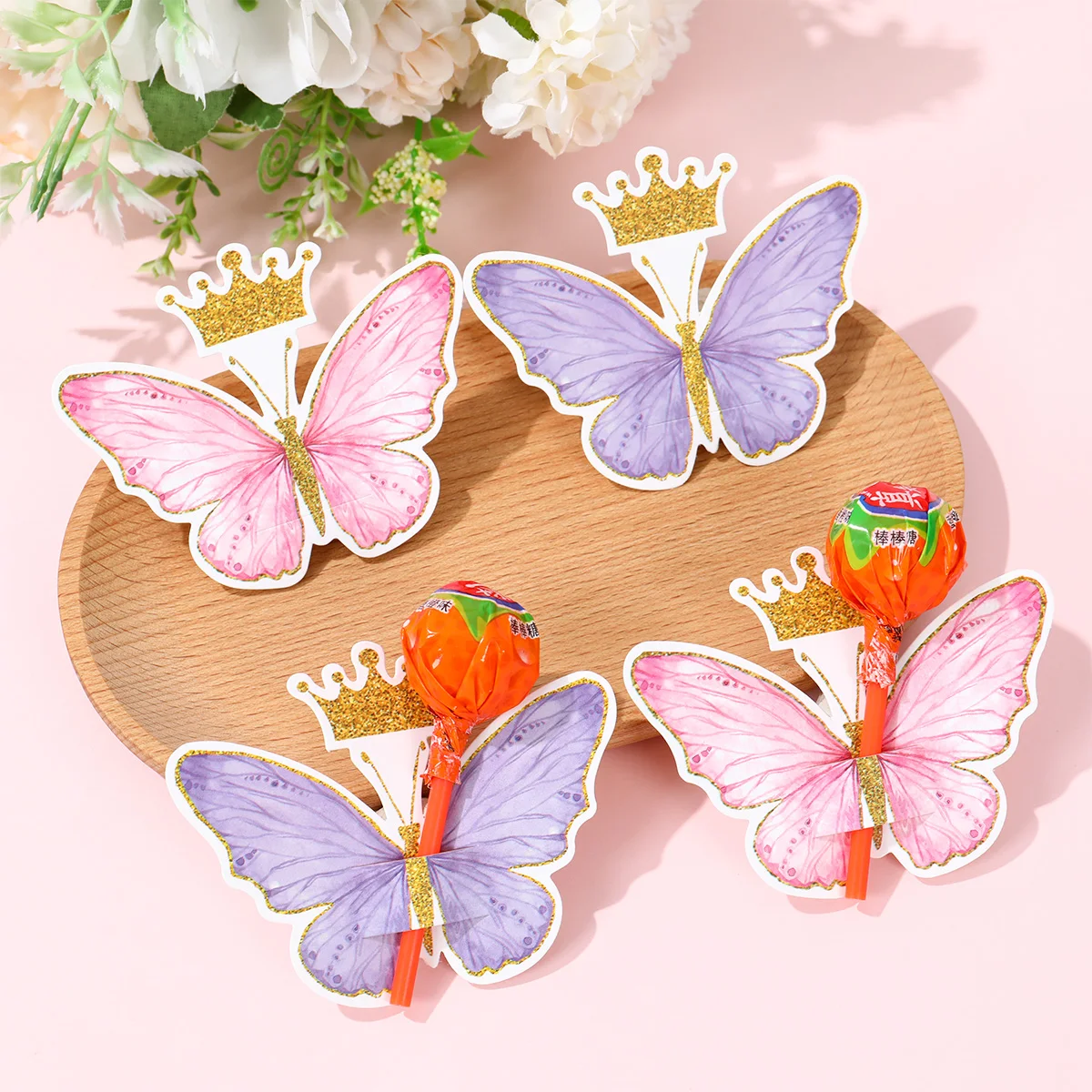 24/48 Uds insecto mariquita rosa púrpura mariposa soporte para paletas tarjetas paquetes de dulces para regalo del Día de los niños decoración de fiesta de cumpleaños