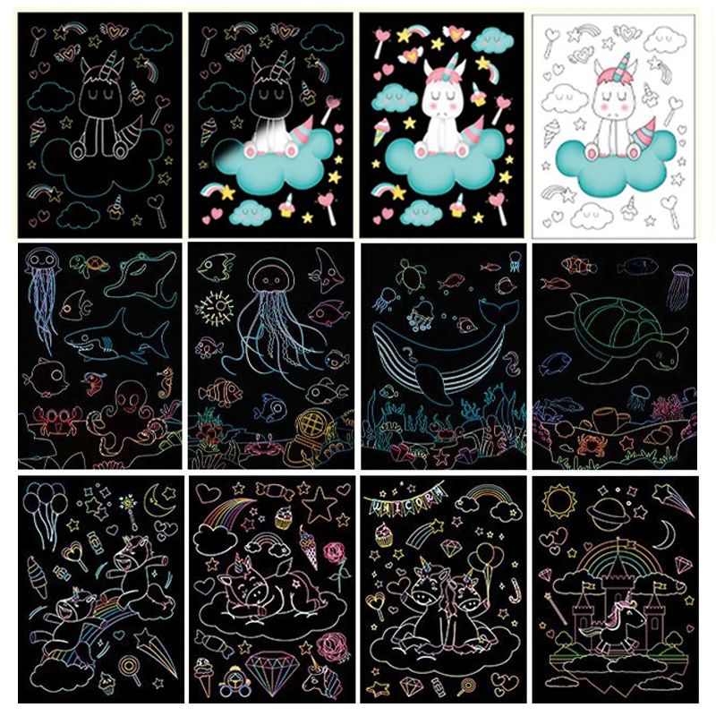 18 Uds. De papeles para pintar y rayar, juego de dibujo mágico de colores arcoíris, Animal espacial, océano, pirata, palo de bambú, regalos para niños y niñas ZYF - imagen 2