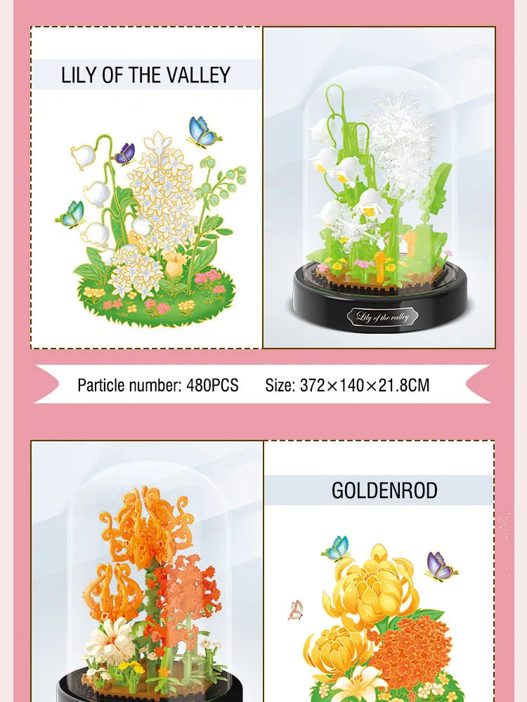 Un póster rosa y blanco con tres arreglos florales diferentes