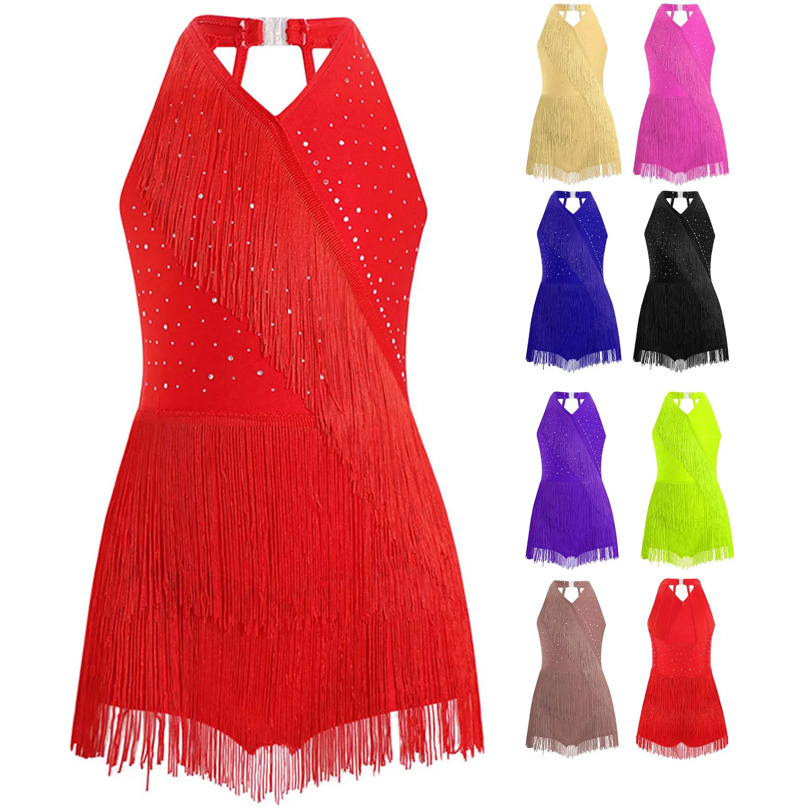 Vestido de baile jazz niña lentejuelas flecos halter - imagen 5