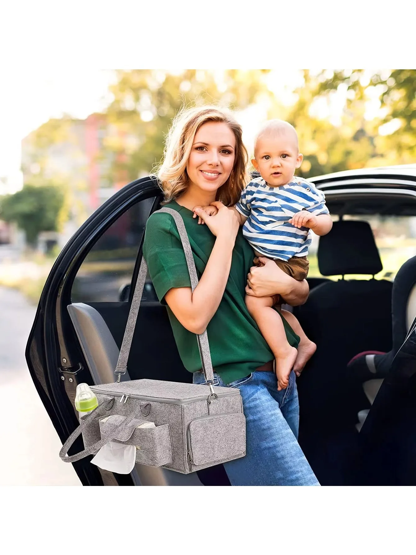 Organizador de bolso de hombro de fieltro de gran capacidad: bolso de almacenamiento en movimiento para bebés y mamás, bolso de hombro de almacenamiento multiusos para el hogar y Tr - imagen 5