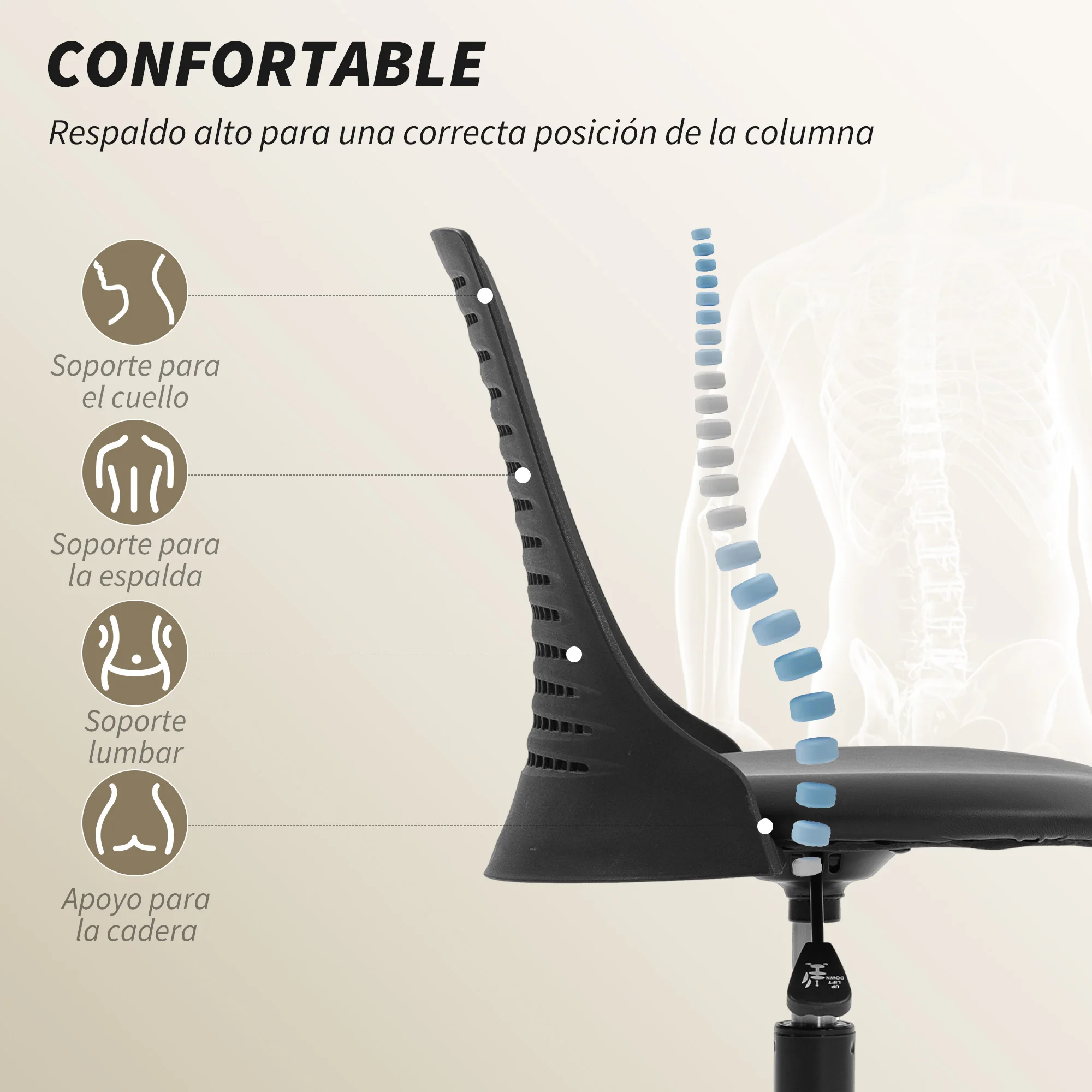HOMCOM Silla de Escritorio sin Brazos, Silla de Oficina Giratoria, con Respaldo Hueco, Asiento Acolchado de Espuma de Alta Resiliencia, Altura Ajustable, Negro - imagen 3