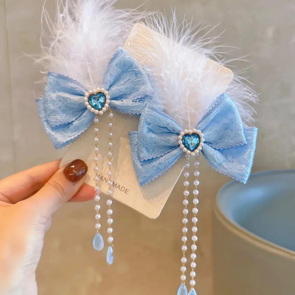 Horquillas con pompón de princesa, pinzas para el pelo con lazos azules grandes para niños, cinta larga, Clip de pico de pato, horquillas escolares para niñas, regalo - imagen 3
