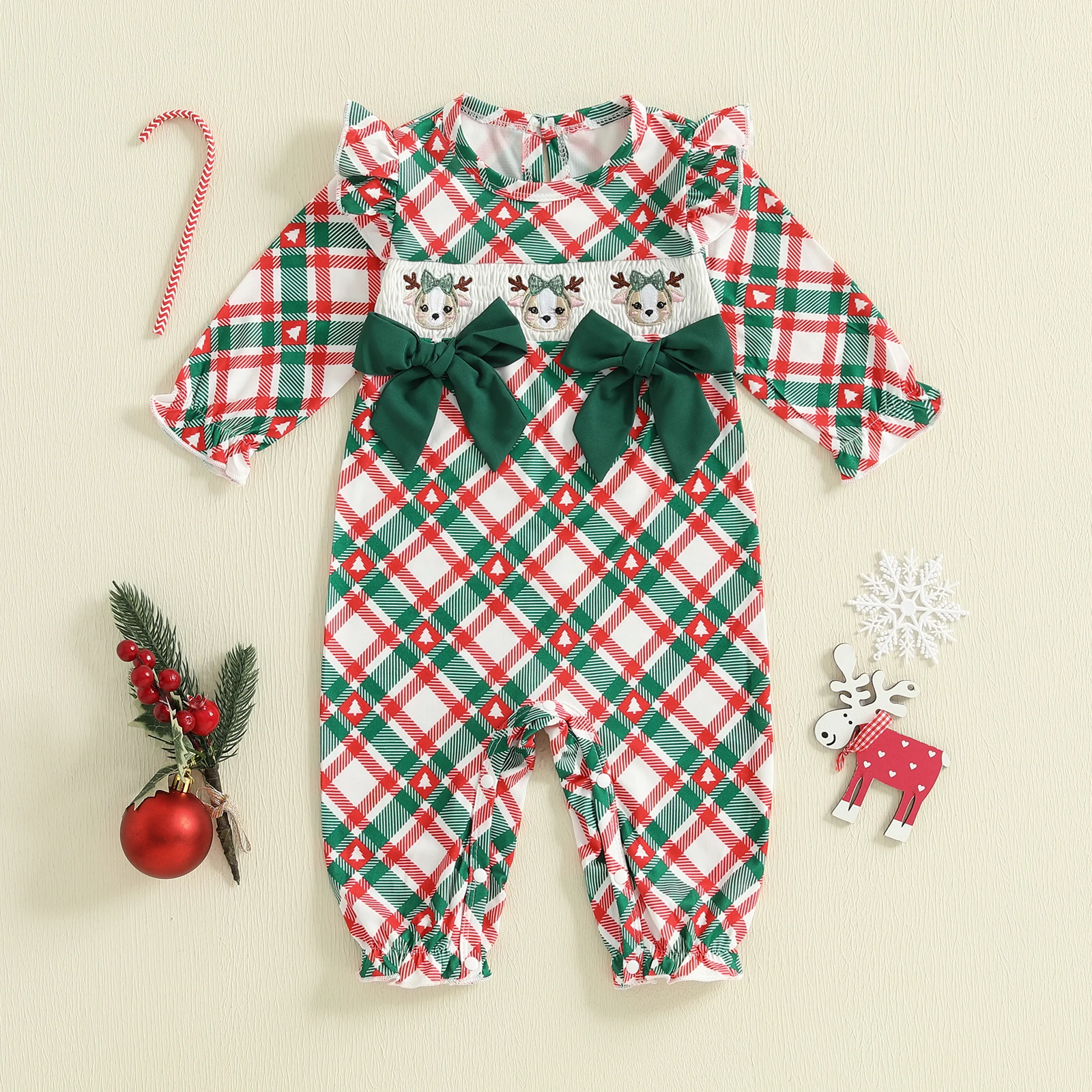 Mono para niñas de 0 a 18 meses, manga larga, cuello redondo, bordado a cuadros, mameluco de alce, ropa de Navidad