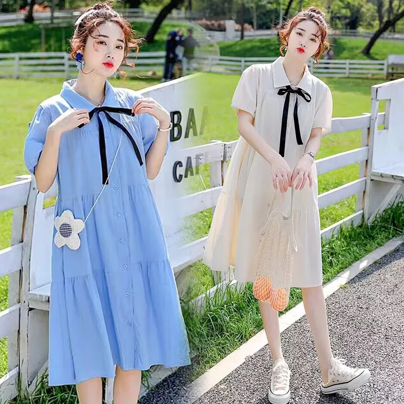 2025 verano moda coreana algodón maternidad vestido largo elegante Casual ropa suelta para mujeres embarazadas dulce embarazo - imagen 2