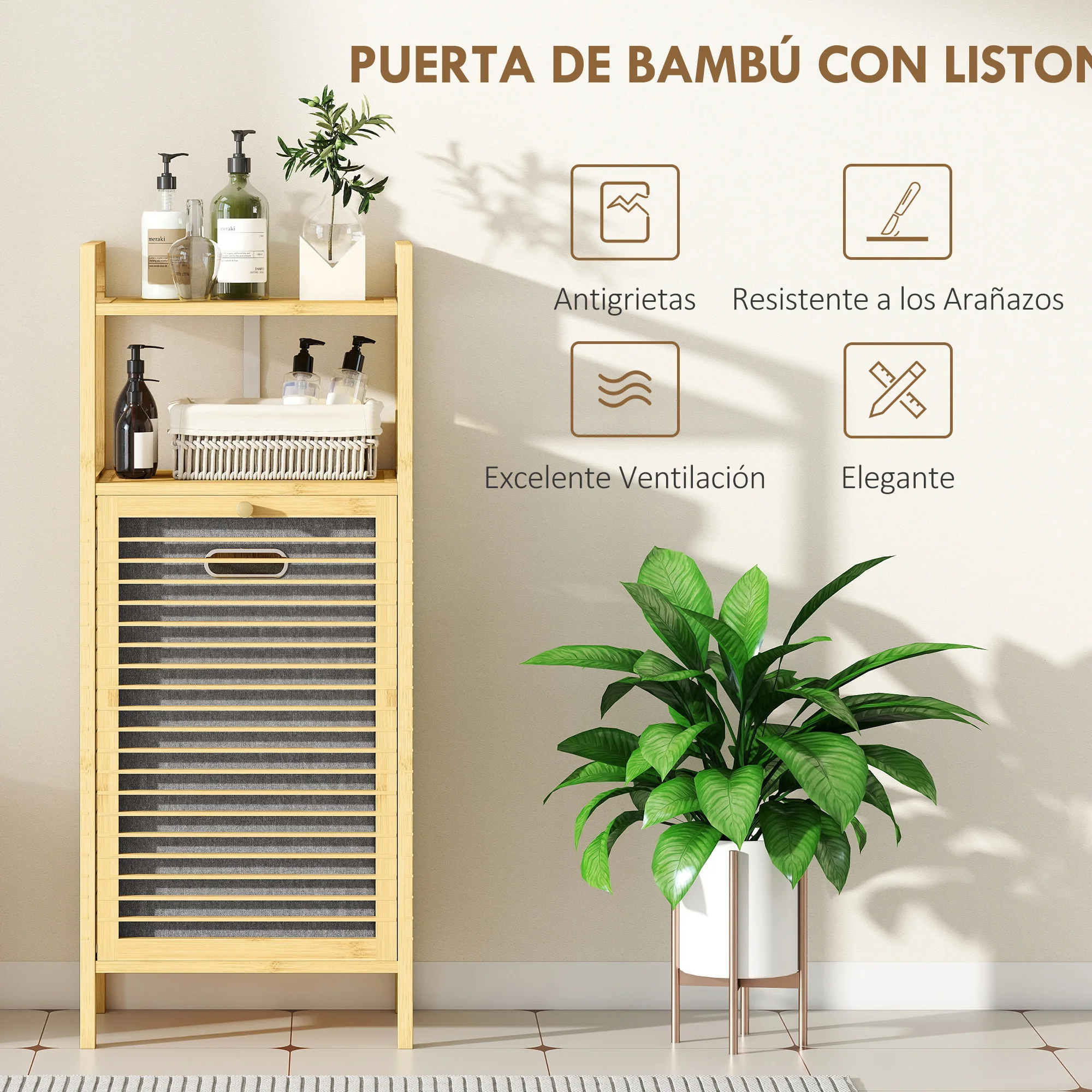 HOMCOM Mueble de Baño con Cesto Ropa Sucia, Mueble Ropa Sucia de Bambú, Bolsa de Ropa Extraíble y Lavable con Asa, 2 Estantes Abiertos, para Lavadero, 40x30x95 cm Natural y Gris - imagen 5