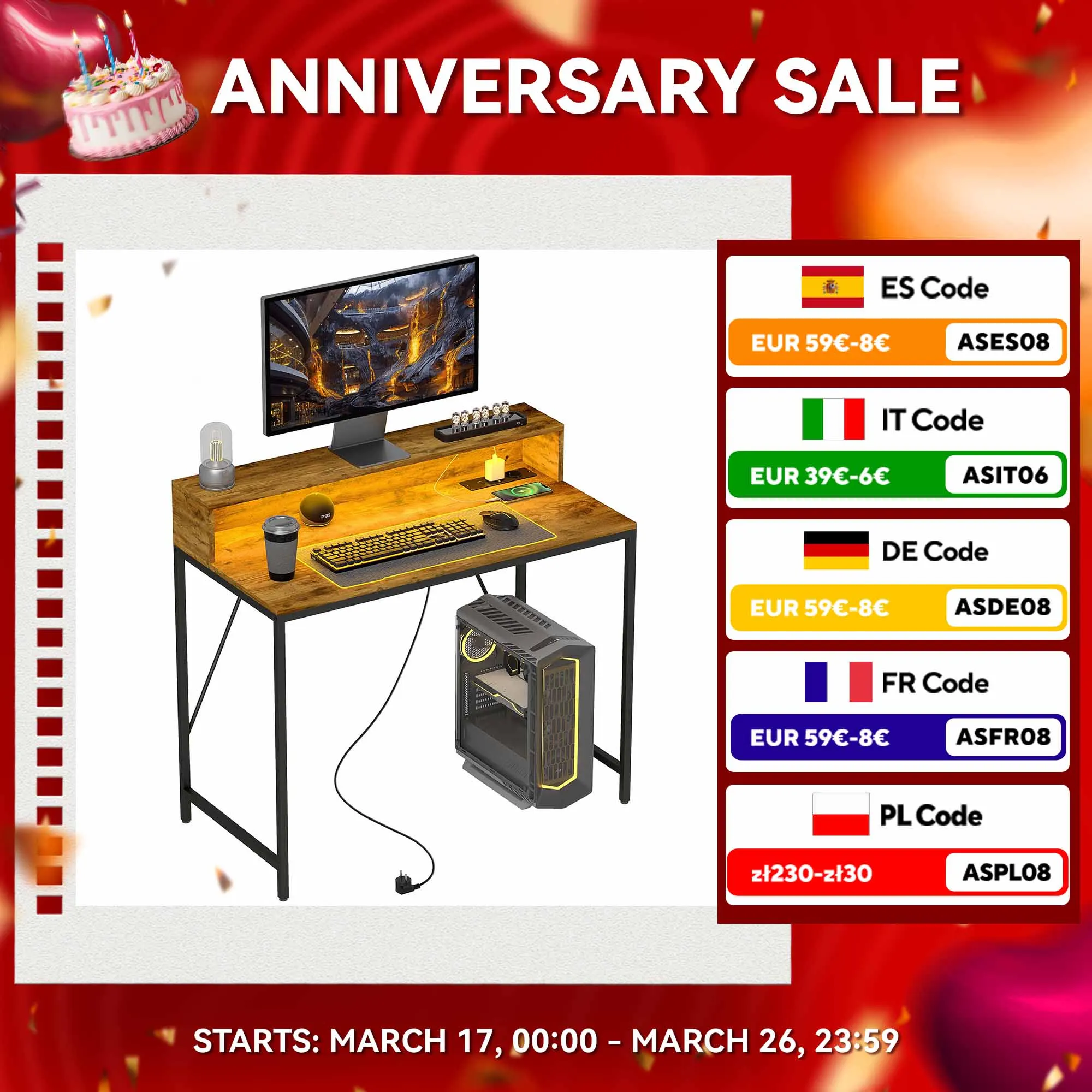 HOMCOM Escritorio Industrial Mesa Escritorio con Luces LED Tomas de Corriente Soporte para Monitor y Control Remoto Mesa de Ordenador para Oficina Estudio 100x50x90,5 cm Marrón Rústico