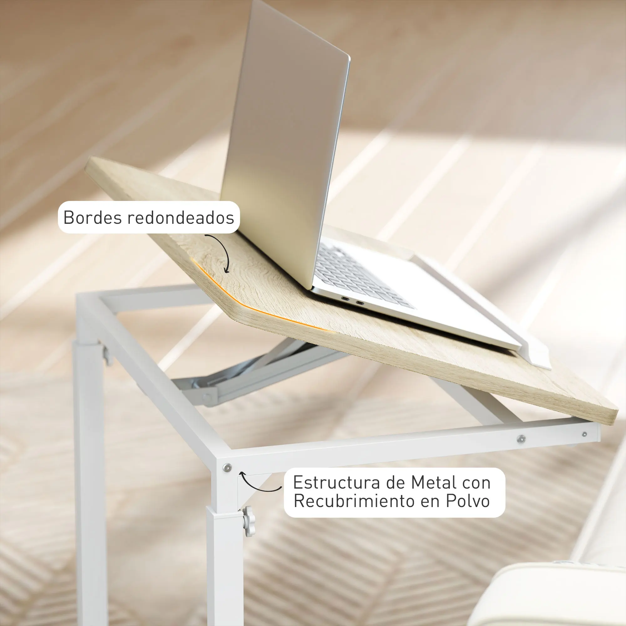 HOMCOM Mesa Auxiliar con Ruedas Mesa para Sofá con Altura Ajustable Superficie Inclinable y Marco de Metal para Dormitorio Salón Oficina 55x36x62,5-82,5 cm Roble - imagen 5