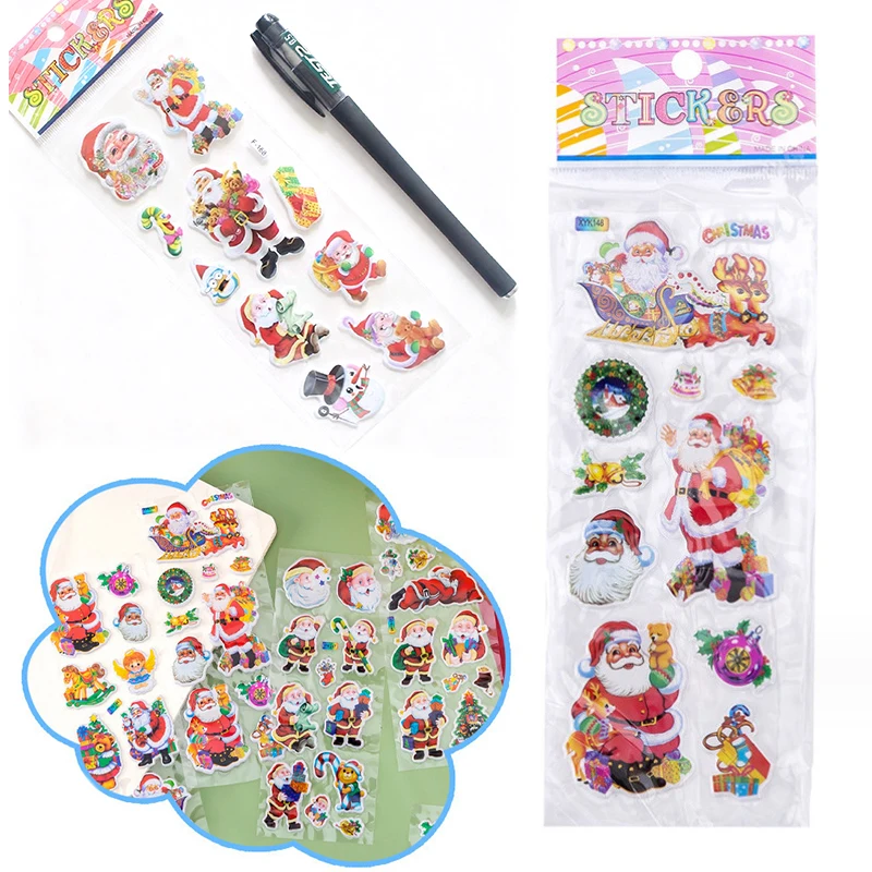Paquete de 6/12 hojas de pegatinas 3D de estilo navideño, pegatinas de burbujas de dibujos animados, marca de oficina para aula, pegatinas útiles DIY, papelería ZYF