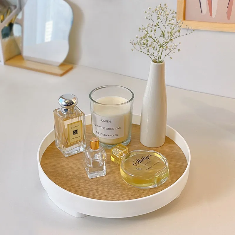 Bandeja de almacenamiento de madera nórdica, artículos diversos de escritorio para el hogar, Perfume cosmético, joyería, placa para llaves, bandejas de almacenamiento redondas decorativas para el hogar - imagen 3