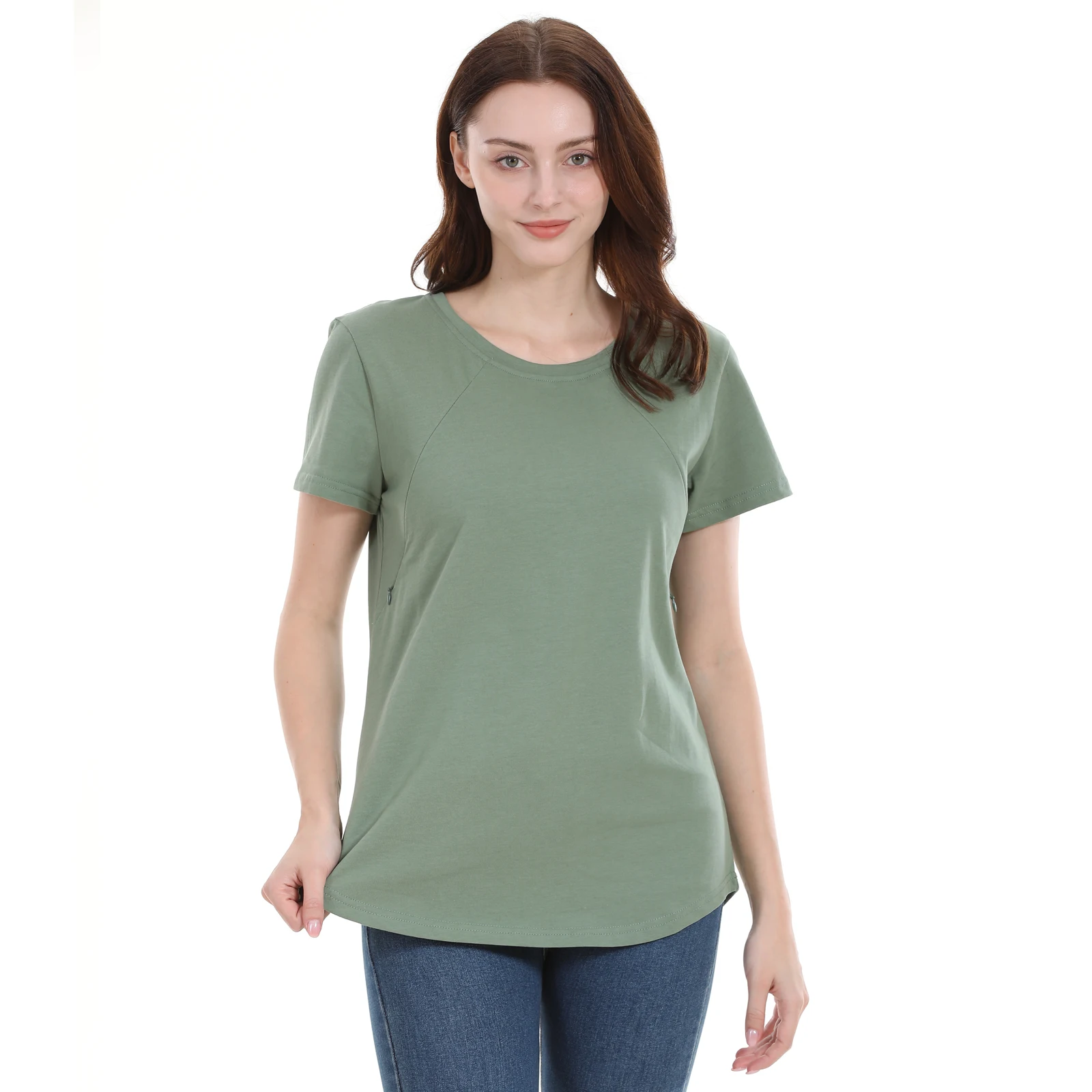 Camiseta de maternidad de talla grande para verano, ropa de lactancia de manga corta, cremallera Invisible, dobladillo curvo de apertura, algodón, talla estadounidense S-5XL - imagen 5