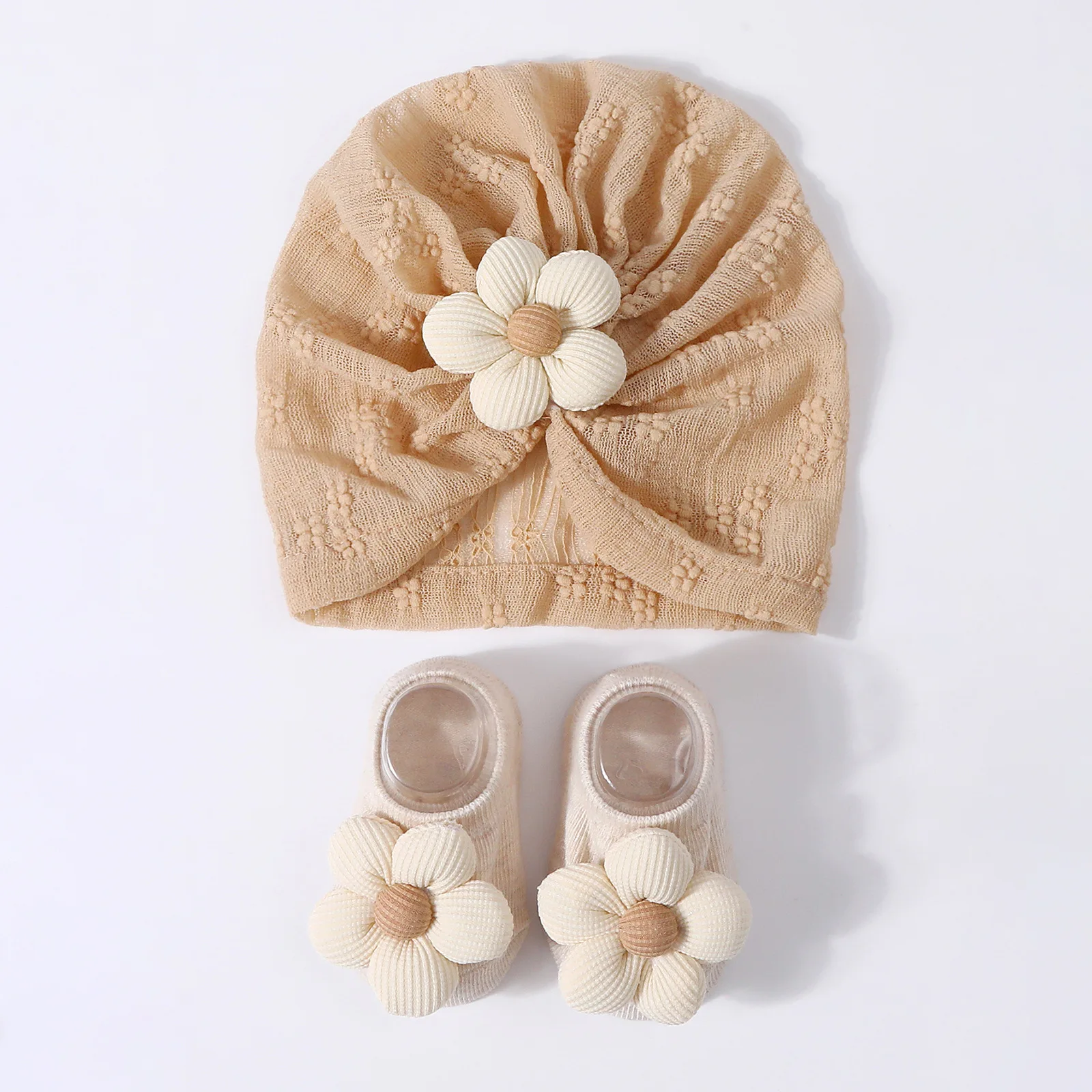 Nuevo bebé 1 Juego de sombreros de girasol calcetines recién nacidos suaves Prewalker ahueca hacia fuera el calcetín transpirable sombrero niña gorra infantil gorros turbante calcetines - imagen 4