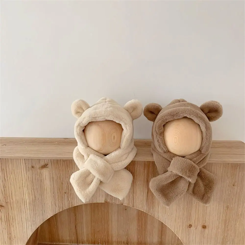 Gorro de peluche de oso de Color sólido, diseño de moda, estilo coreano, gorro de lana para niños, accesorios de tela, gorro de felpa con bufanda para bebé - imagen 3