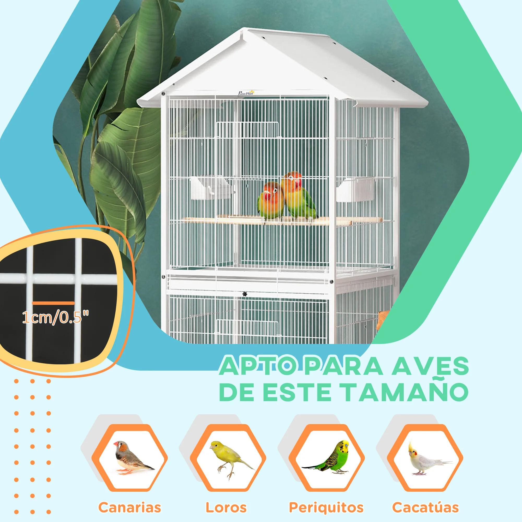PawHut Jaula para Pájaros 2 en 1 Grande de 2 Pisos Convertible en Sola Jaula con Ruedas 4 Comederos 4 Perchas y Bandejas Extraíbles para Canarios Loros 78x75x168 cm Blanco - imagen 5