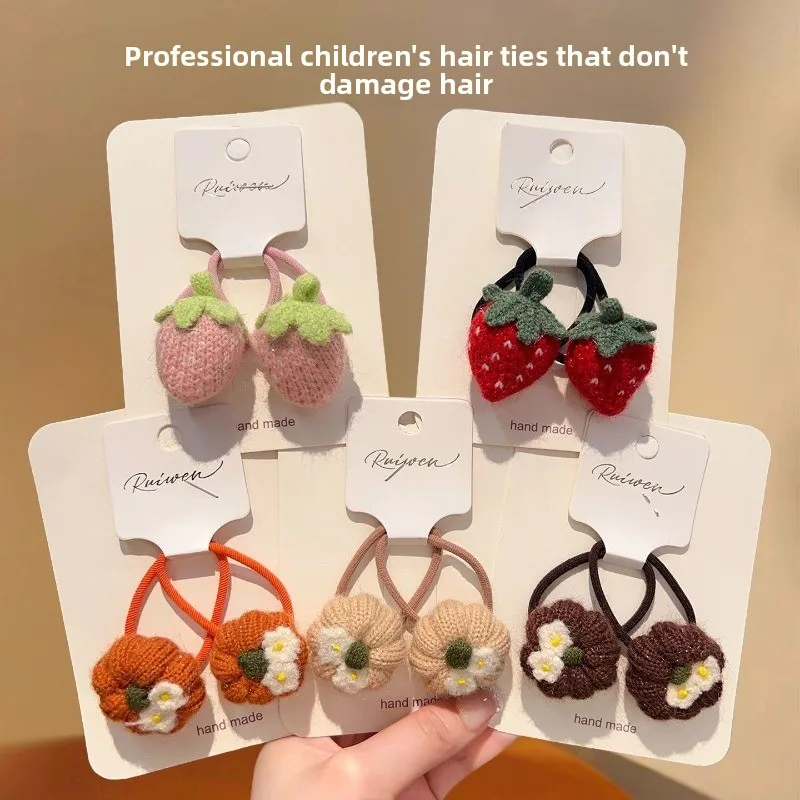 Lazos para el cabello de frutas tejidos para otoño/invierno para niñas pequeñas, lindas fresas/calabaza, suaves en el cabello, bandas elásticas suaves y versátiles para el cabello - imagen 4