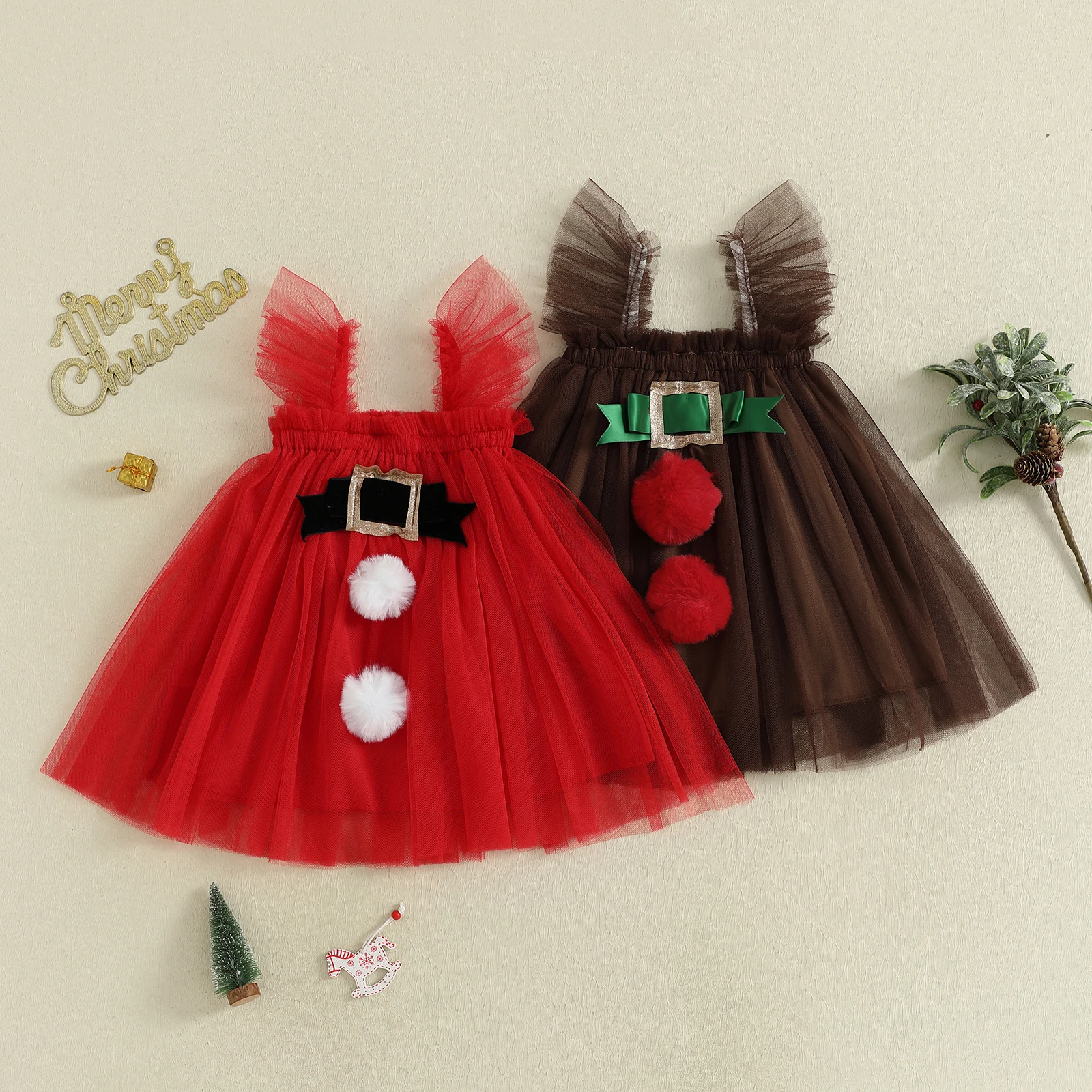 VISgogo Vestidos de tul para niñas pequeñas Vestido de princesa sin mangas con bola de piel navideña a la moda para la vida diaria y la fiesta - imagen 3