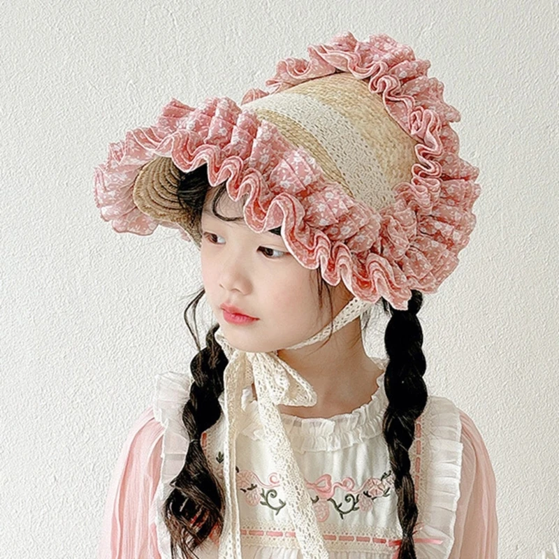 Lindo encaje volante niños sombrero de Lolita flor sombrero de sol francés verano al aire libre sombrero de paja para niñas de 2-10 años Cosplay gorra de Lolita - imagen 2