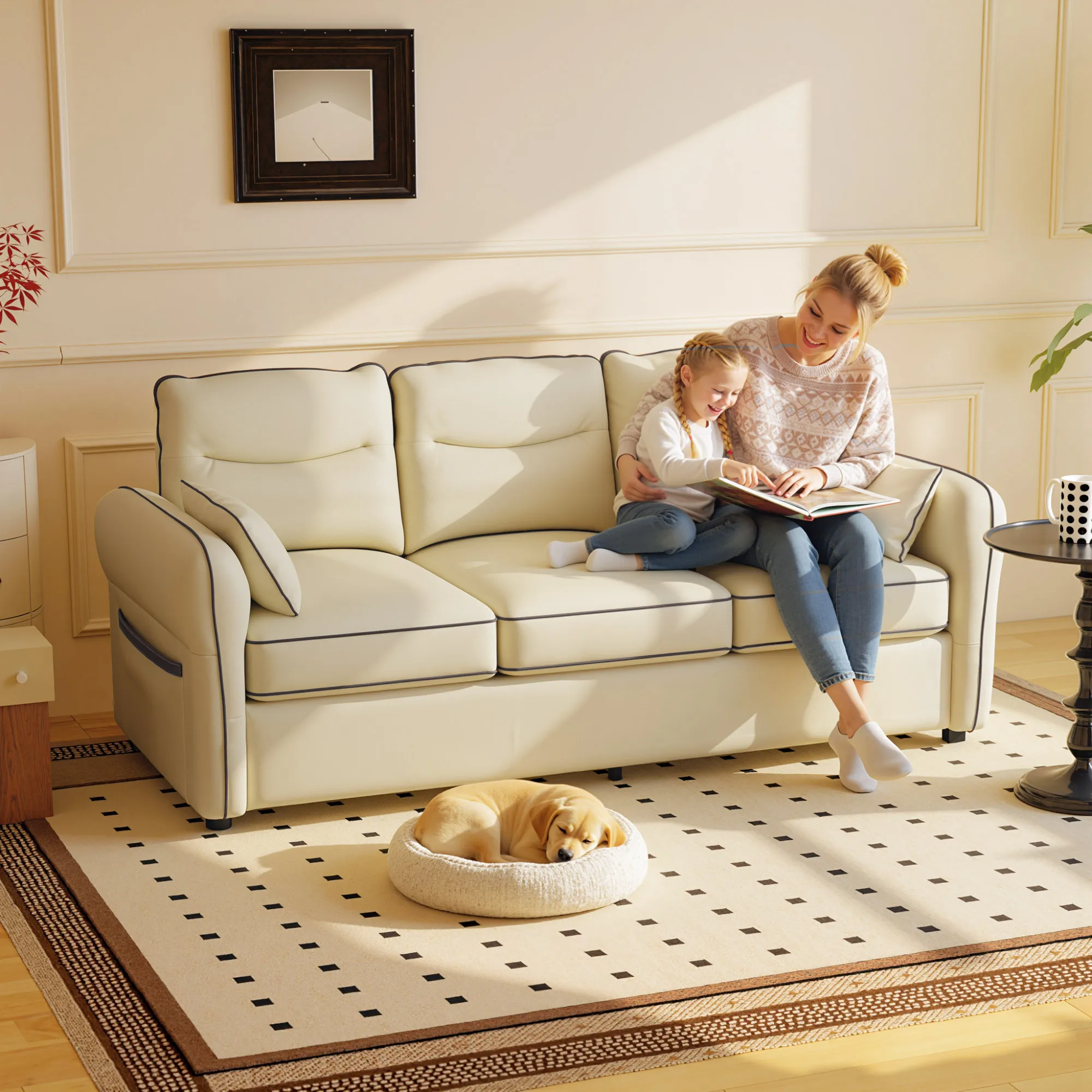 HOMCOM Sofá de 3 Plazas, Sofá de Salón Moderno, 190x83x90 cm, Tapizado en Cuero Sintético, Acolchado Grueso, Asiento Ancho, Reposabrazos y Bolsillo Lateral, Montaje Rápido, 2 Almohadas, Beige - imagen 2