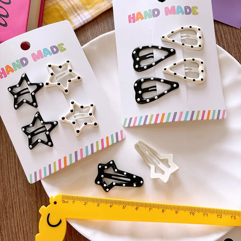 3/4 Uds. Pinzas para el cabello de lunares blanco y negro, pinza para el pelo con lazo de estrella, Clip de Metal para niños de oso dulce, pasadores BB simples y versátiles para niños - imagen 4