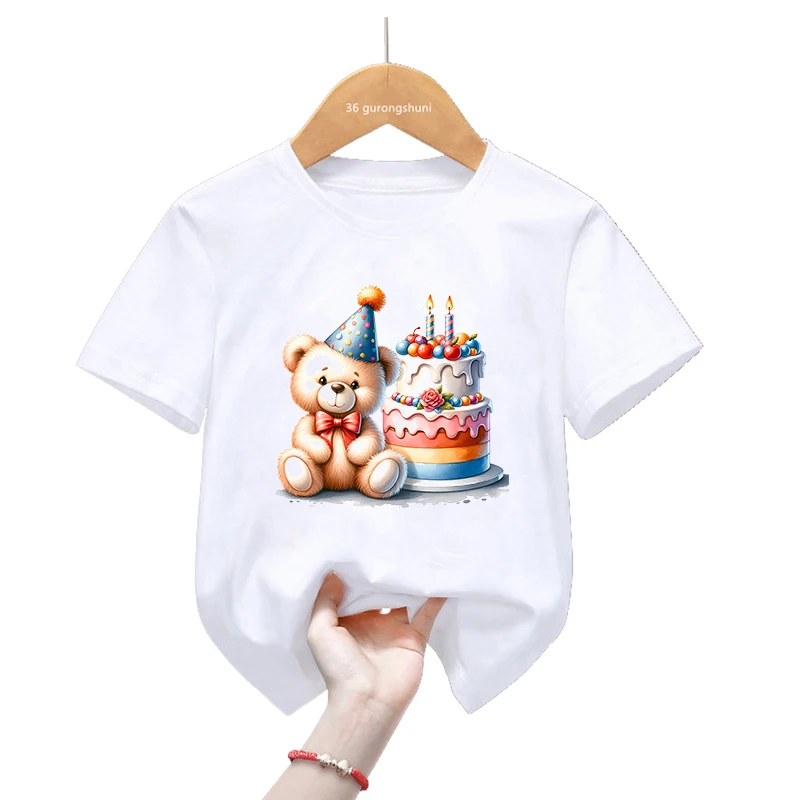 Camiseta con estampado de dibujos animados de oso de cumpleaños para niños y niñas, ropa Kawaii para niños, camiseta blanca divertida, camiseta de manga corta de verano - imagen 3