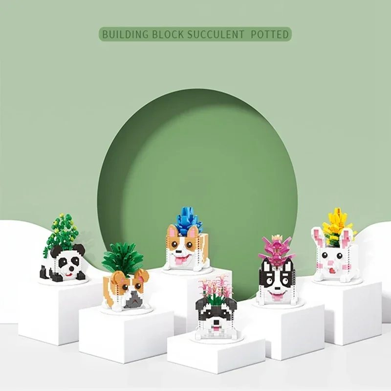 Bloques de construcción en maceta para suculentas, perro de dibujos animados, mascota, modelo de Animal, rosa, crisantemo, ramo de flores, decoración, regalos de vacaciones para niña - imagen 5