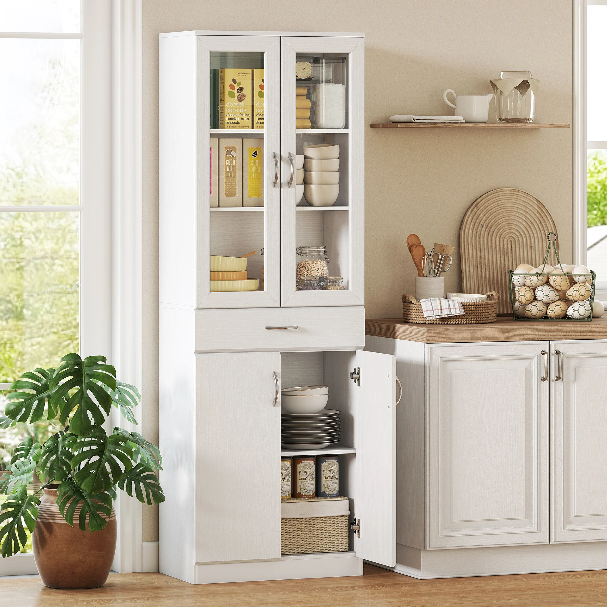 HOMCOM Alacena de Cocina, Mueble Auxiliar de Cocina con Puertas de Vidrio, Cajón, Estantes Ajustables, para Comedor, Salón, Blanco, 60x35x180 cm - imagen 2