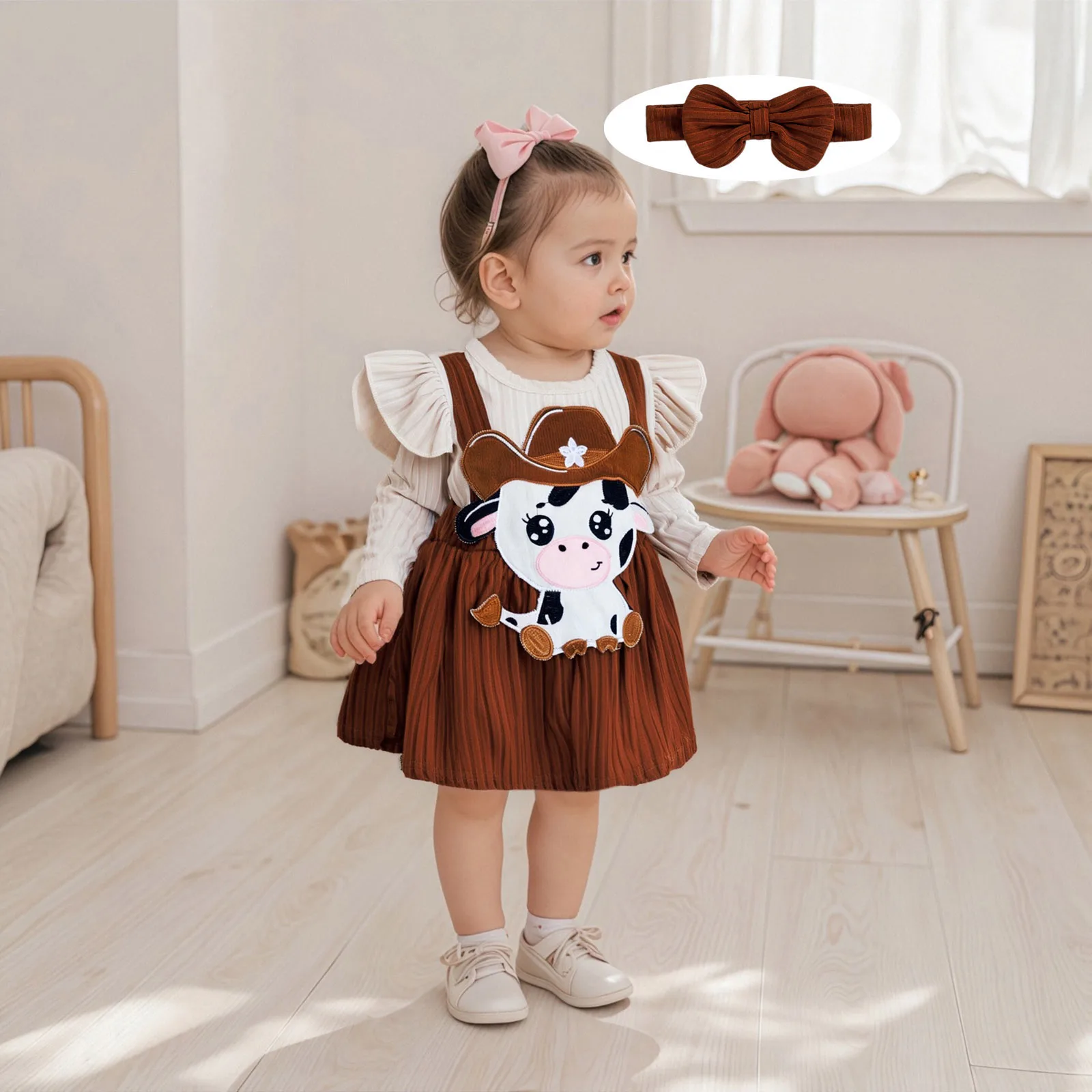 SUNSIOM Conjunto de 2 piezas de trajes de otoño para niñas, mameluco bordado de vaca de manga larga con diadema, ropa occidental para recién nacidos - imagen 2