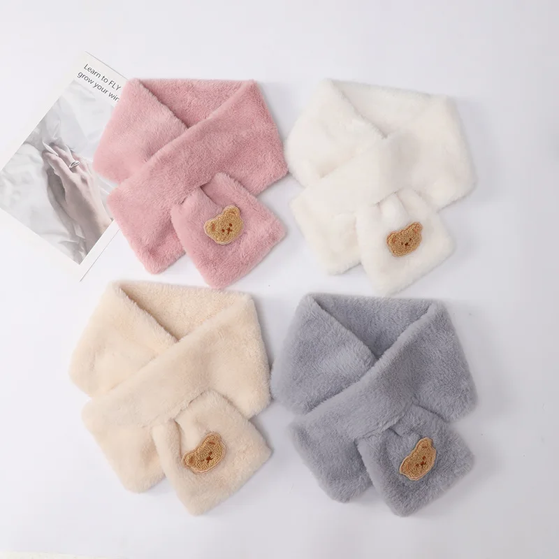 Bufanda bonita de oso para bebé, bufandas cálidas de invierno para niños y niñas, Protector de cuello de piel de conejo de imitación, bufanda cruzada de felpa suave, accesorios para niños