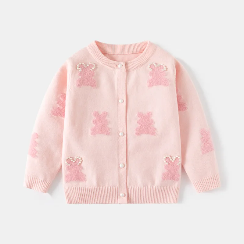 Ropa para niños, cárdigan de punto de conejo con cuentas de imitación de visón para niñas, chaqueta, suéter en el pecho para bebés, TOP para niñas