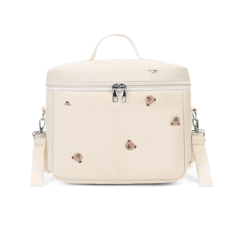 Bolsa de pañales para cochecito de bebé, bolso de mamá con bordado de flores de oso bonito de Corea, bolso de hombro de maternidad suave, organizador de pañales portátil para bebé