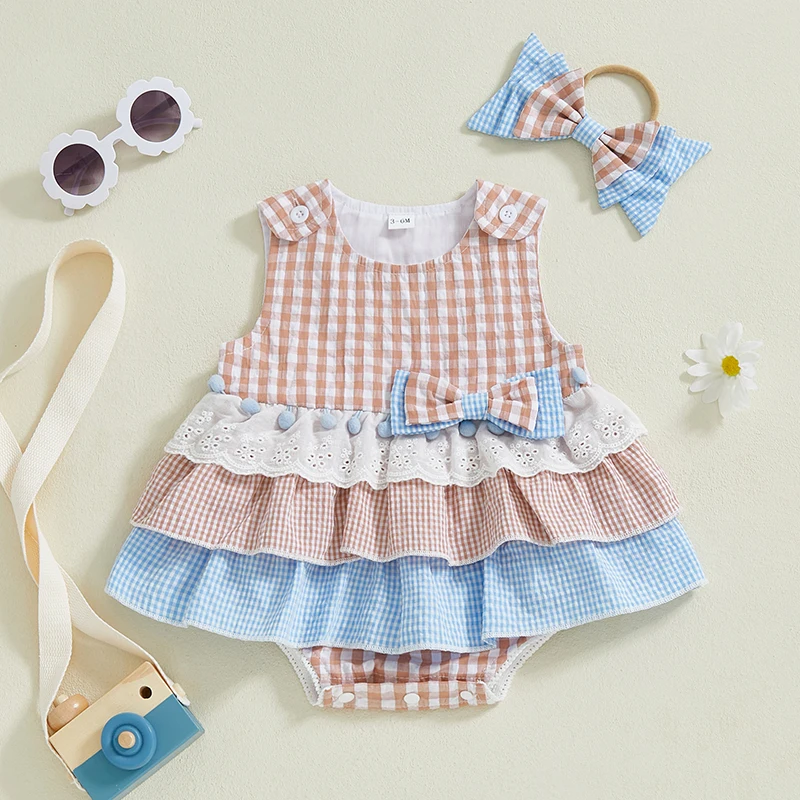 Tregren Mameluco de cuadros con lazo para niña – Verano - imagen 2