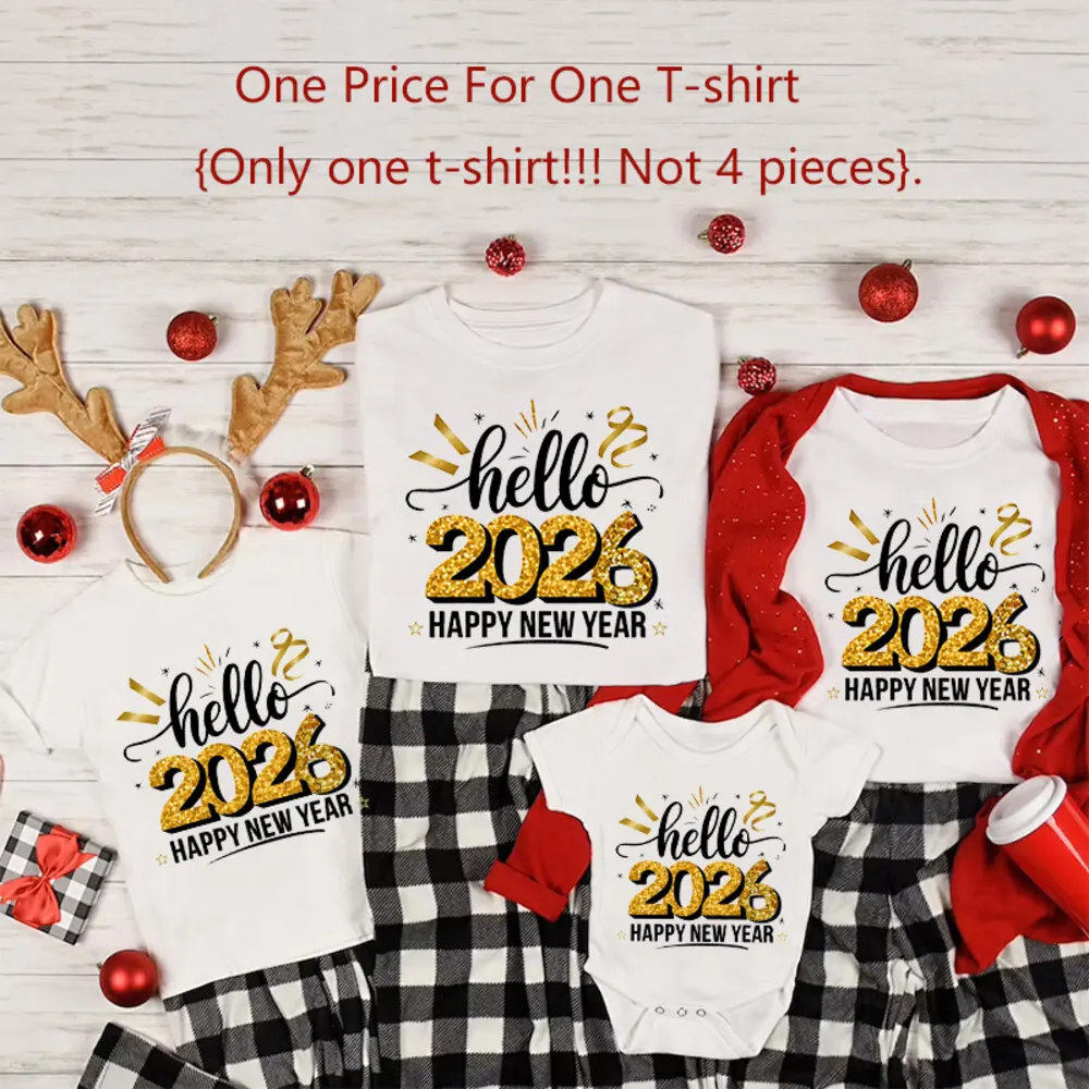 Hola 2026 Feliz Año Nuevo Estampado Familia Trajes a juego Manga corta Día de Año Nuevo Traje a juego El mejor regalo de Año Nuevo para la familia - imagen 3