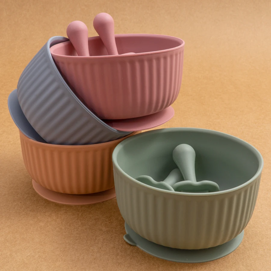 Vajilla de silicona para bebé, tazón de rayas verticales, tenedor, cuchara, 3 piezas con fuerte succión, tazón de entrenamiento para recién nacido, 2024 - imagen 3