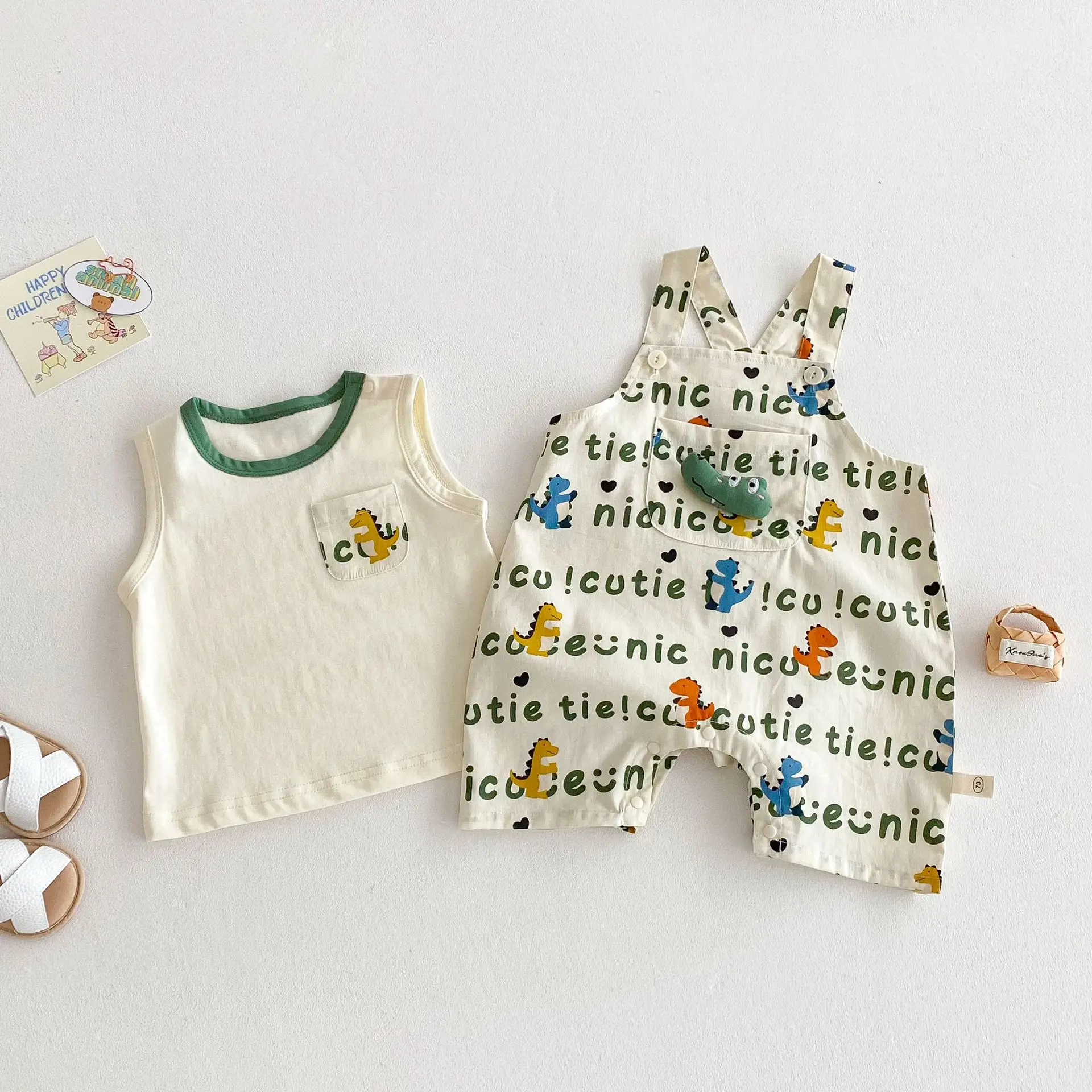 Conjuntos de pelele con tirantes de dinosaurio para bebés de 0 a 3 años, camiseta de dibujos animados y traje general, trajes coreanos de moda para niños pequeños, 2 uds. - imagen 3