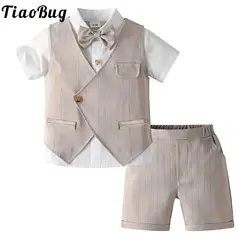 Ropa para bebés, traje de caballero, solapa, manga corta, chaleco con lazo, camisa, Tops con pantalones cortos para chico, bautismo, banquete, fiesta de boda