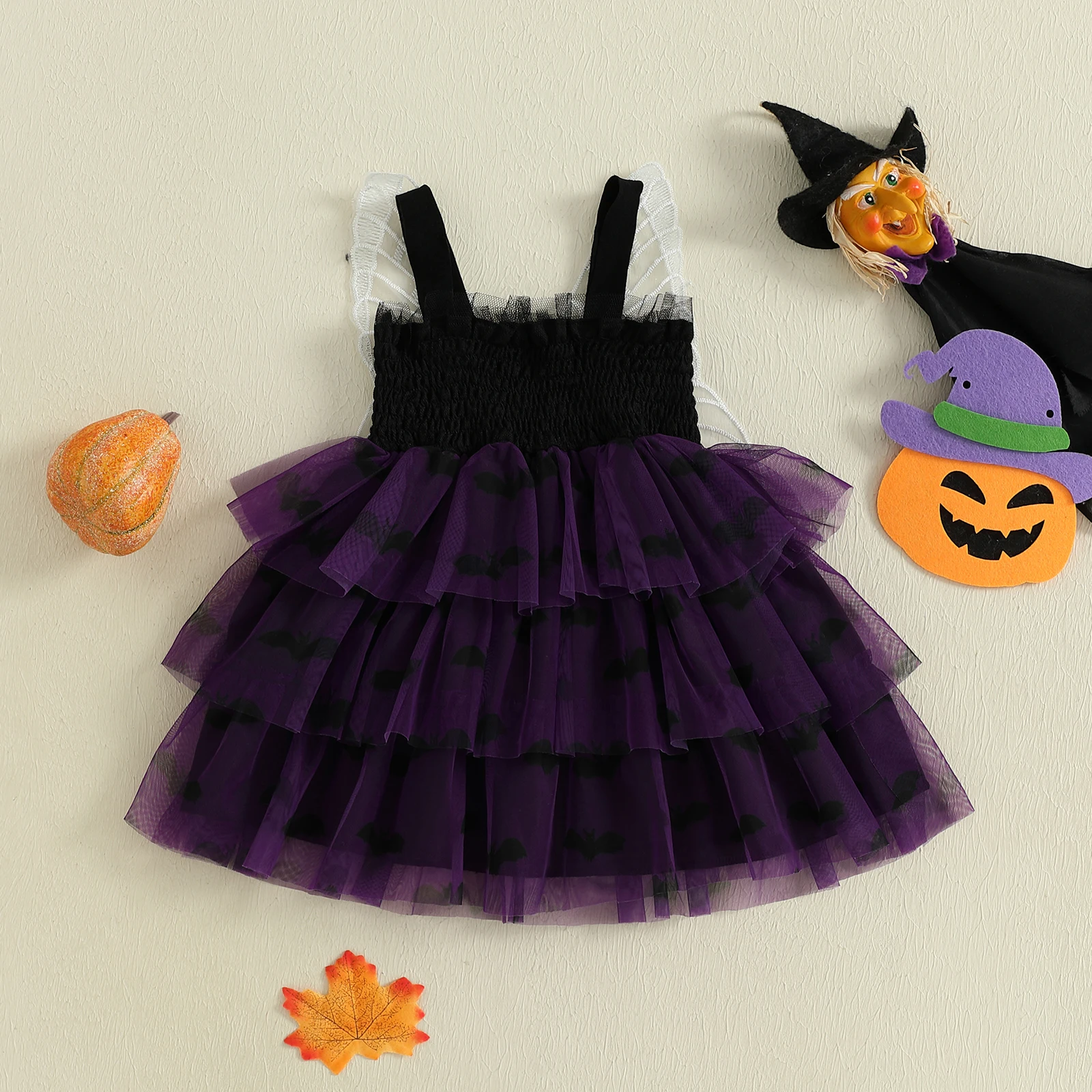 VISgogo Vestido de Halloween para niña de 1 a 4 años, vestido de tul en capas con alas de mariposa y cuello cuadrado ahumado de murciélago/fantasmo sin mangas - imagen 2