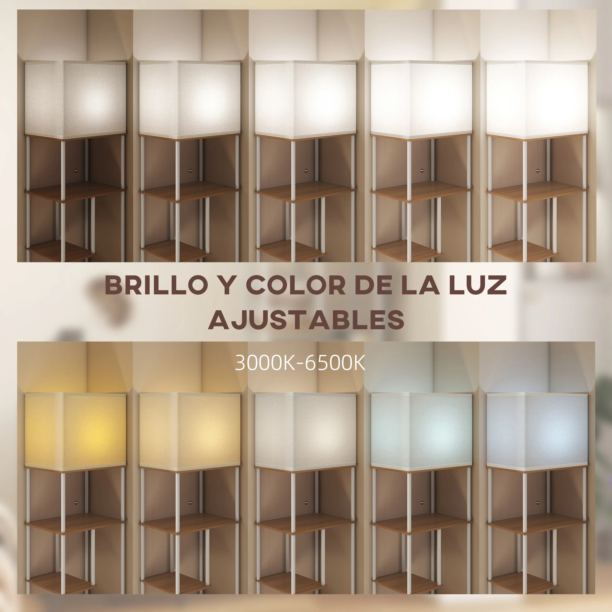 HOMCOM Lámpara de Pie con Estantes, Lámpara Salón con Brillo y Temperaturas de Color Ajustable 3000K-6500K, Control Remoto, Bombilla E27, Temporizador, para Dormitorio, Oficina, Decoración, Natural - imagen 4