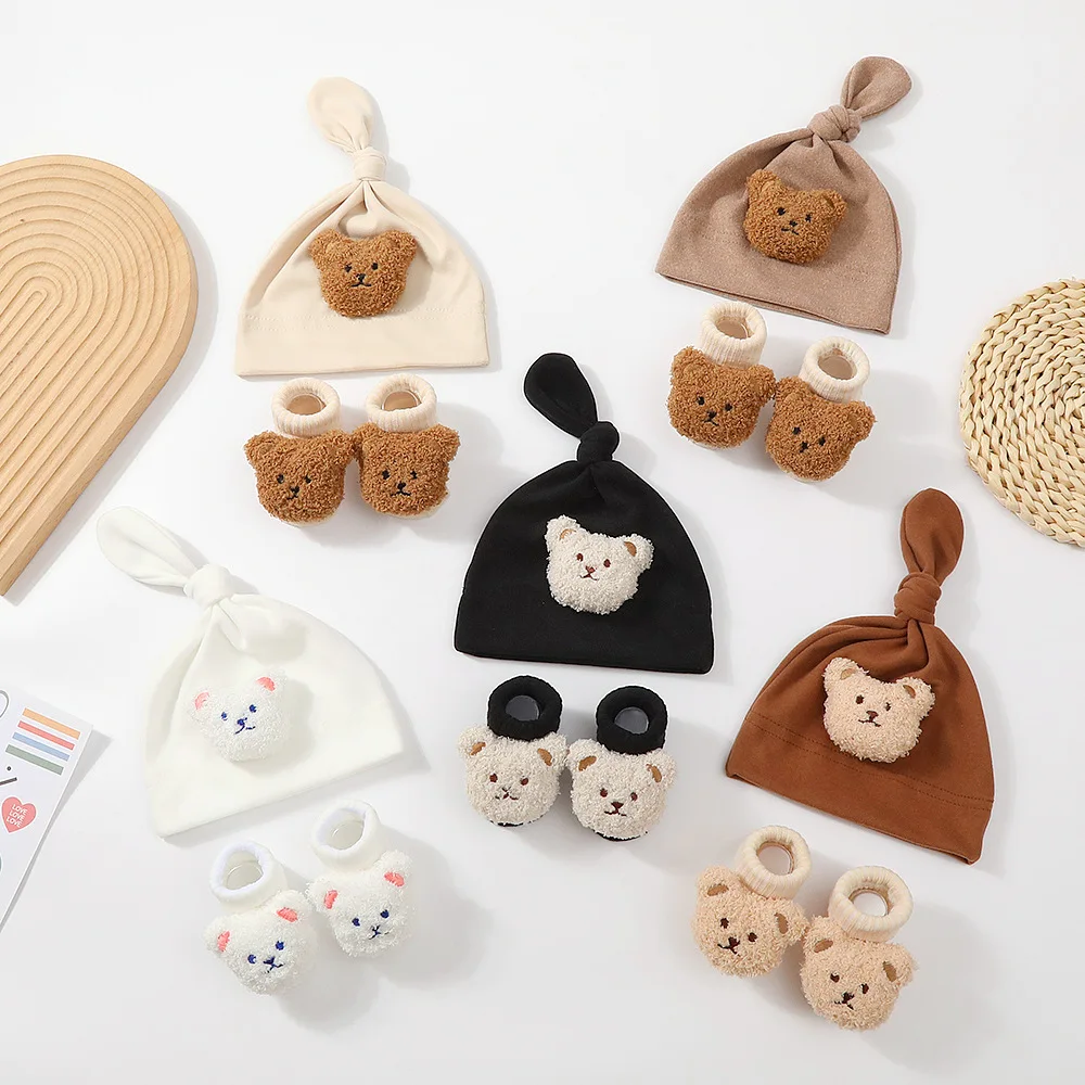 1 Juego de gorros de muñeca de oso bonito para bebé, calcetines suaves y sólidos para recién nacido, calcetín de dibujos animados, gorro para niña, gorros, calcetines de turbante, nuevo - imagen 5
