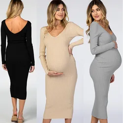 Vestido premamá cuello en V elegante para embarazo primavera y otoño