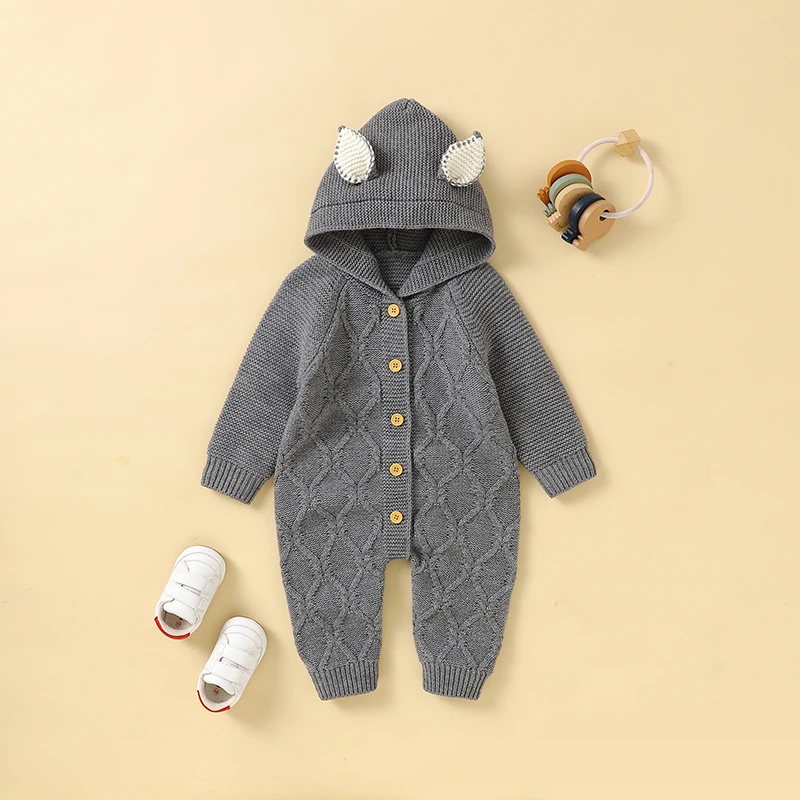Peleles de punto para bebé, traje de mono para niña recién nacida, ropa de otoño de manga larga para niño, mono con capucha a la moda, monos con orejas bonitas