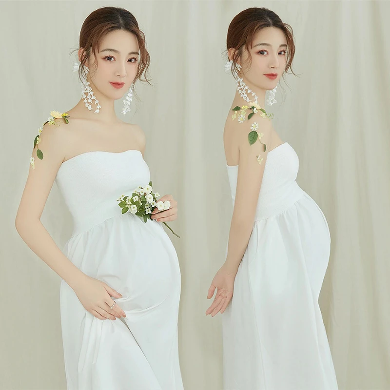 Vestido premamá tubo blanco para fotos de embarazo en estudio - imagen 3