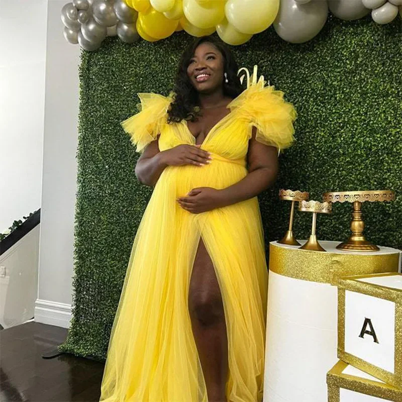 Nuevo vestido de mujer embarazada, ropa de fotografía de encaje, vestidos de manga corta, tul, maternidad, cuello en V, falda dividida, accesorios para sesión de fotos - imagen 3