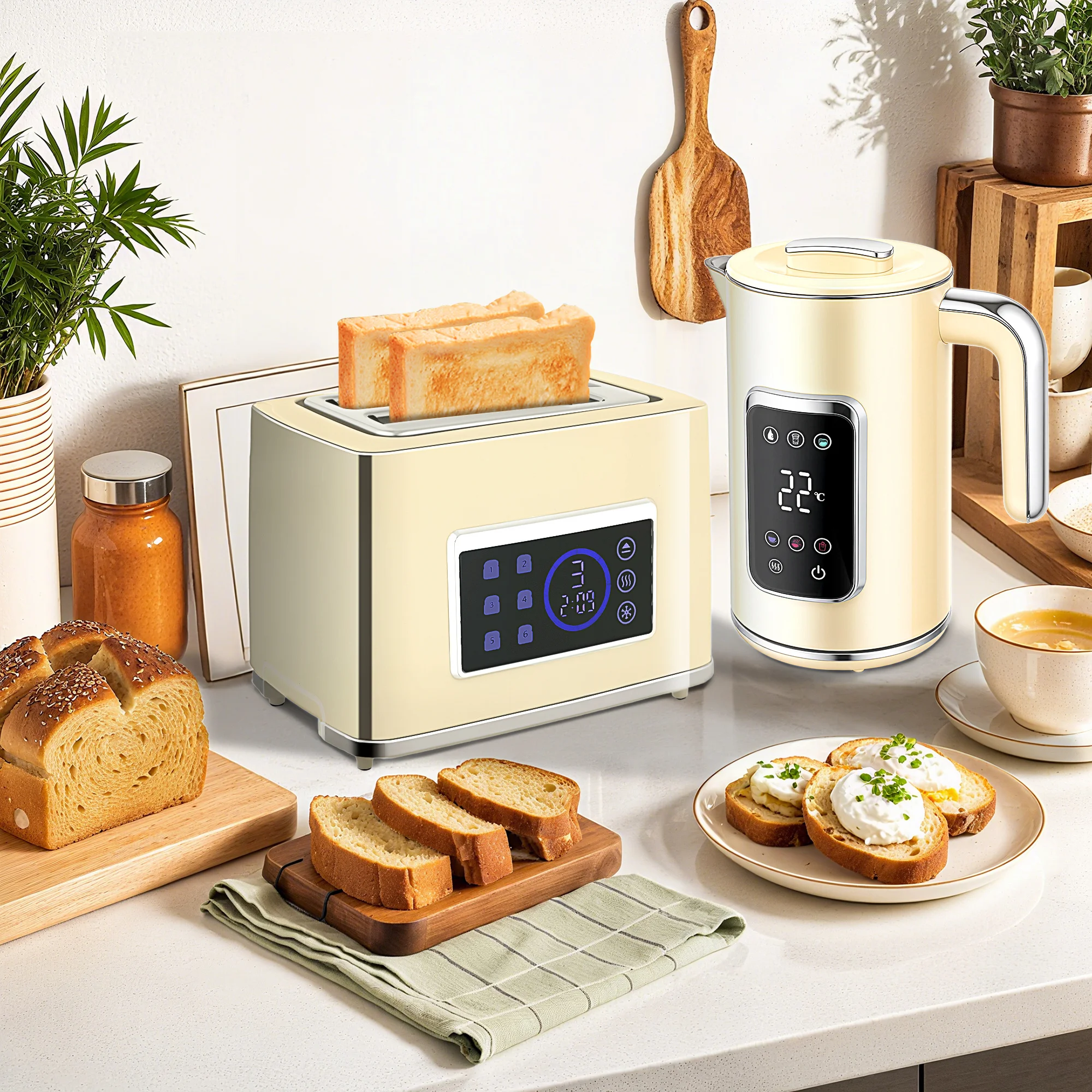 HOMCOM Set Desayuno con Pantalla LED Táctil, Hervidor de Agua 1,7L 2200W, Función Mantener Caliente, Tostadora Pan Ranura Ancha 2 Rebanadas, 6 Niveles Tostado, Crema - imagen 2