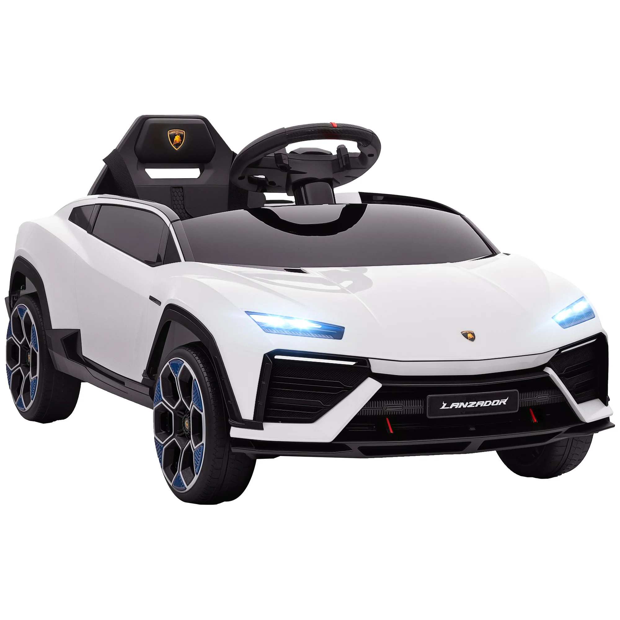 AIYAPLAY Coche Eléctrico para Niños de +3 Años, Lamborghini, Coche de Batería 12V, con Mando a Distancia 2,4 G, Motor Doble, Ruedas con Suspensión, Faros, Música, USB, Blanco