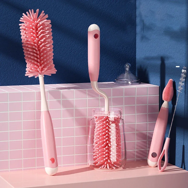 Juego de cepillos de silicona para biberón de bebé, cepillo de chupete para bebé, mango giratorio de 360 grados, cepillo de limpieza de biberones, 3 piezas